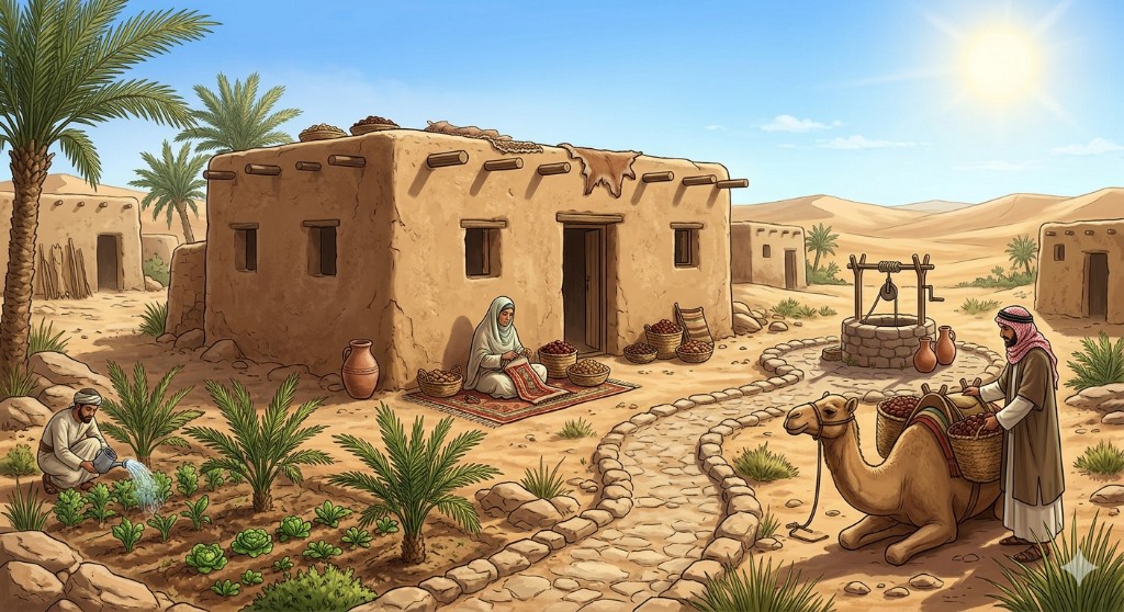 건조 기후 오아시스 마을: 진흙벽돌 가옥, 대추야자와 우물, 가벼운 로브와 터번을 입은 사람들, 낙타와 대추야자 수확 장면