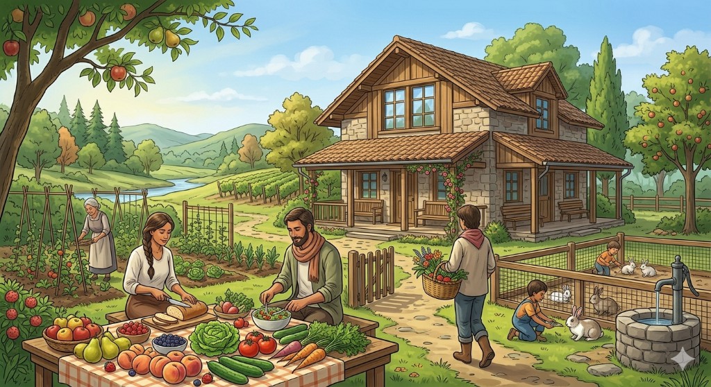 온대 농촌: 석조와 목조 주택, 풍성한 과일·채소 수확과 빵·샐러드, 포도밭과 정원, 토끼 우리와 우물이 있는 평화로운 풍경